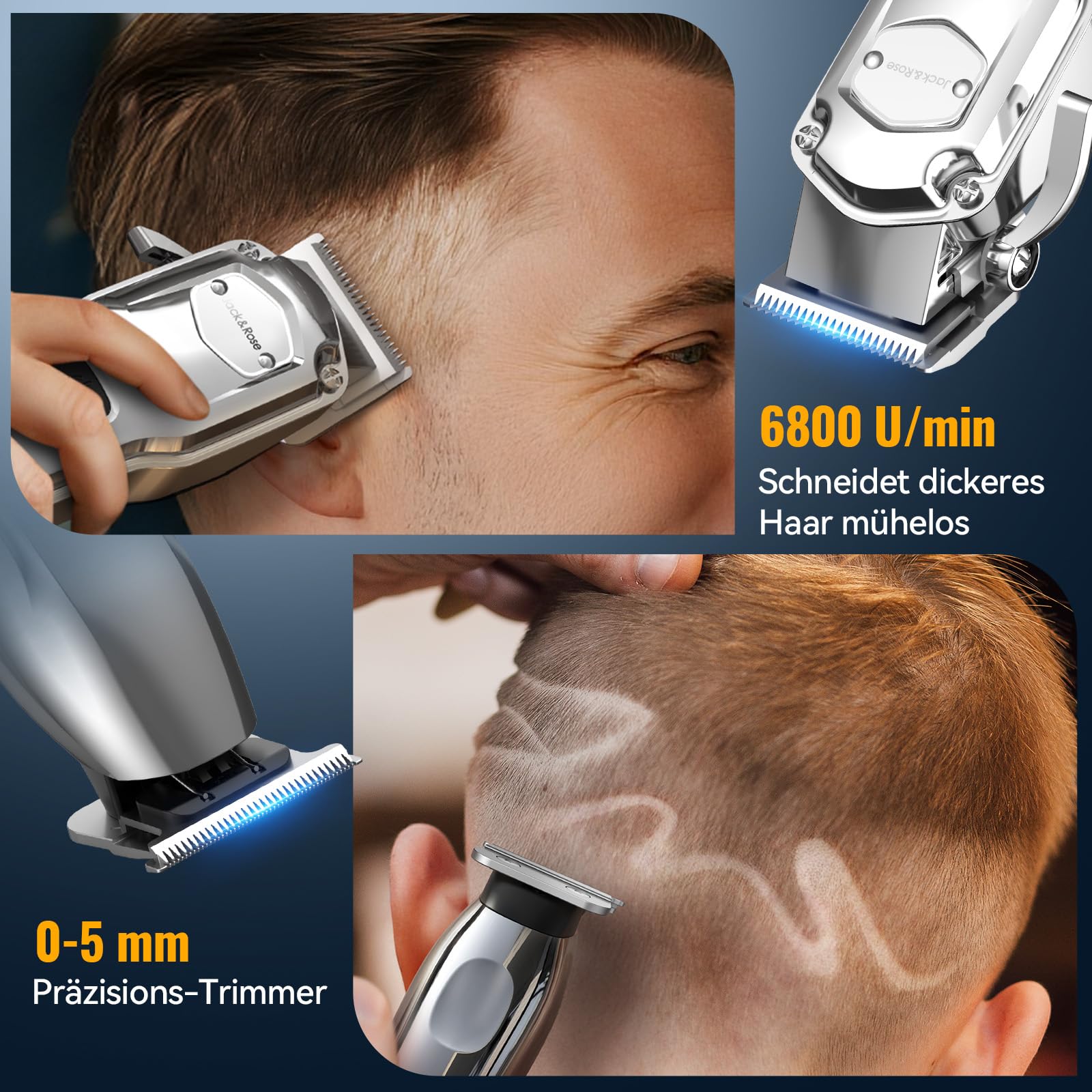 Jack & Rose Haarschneidemaschine Set, 4 in 1 kabelloser Haarschneider und Trimmer, IPX7 Wasserdicht, elektrisches Präzision Shaver & Nasenhaar-Trimmer für Herren, USB Wiederaufladbar | inkl.Haarschneider,Trimmer,Shaver,Nasenhaartrimmer, IPX7 wasserdicht,
