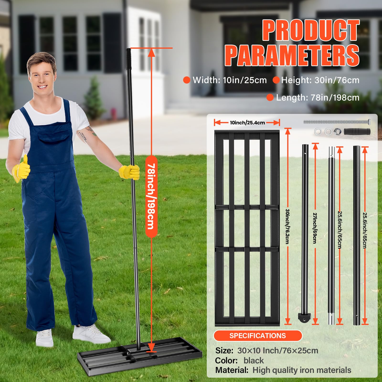 Rastrello Livellatore per Prato 76 x 25 cm, Professionale Livellatore Prato con Barra Metallica Regolabile e Manico in Gomma Antiscivolo, Ideale per Patii e Giardini
