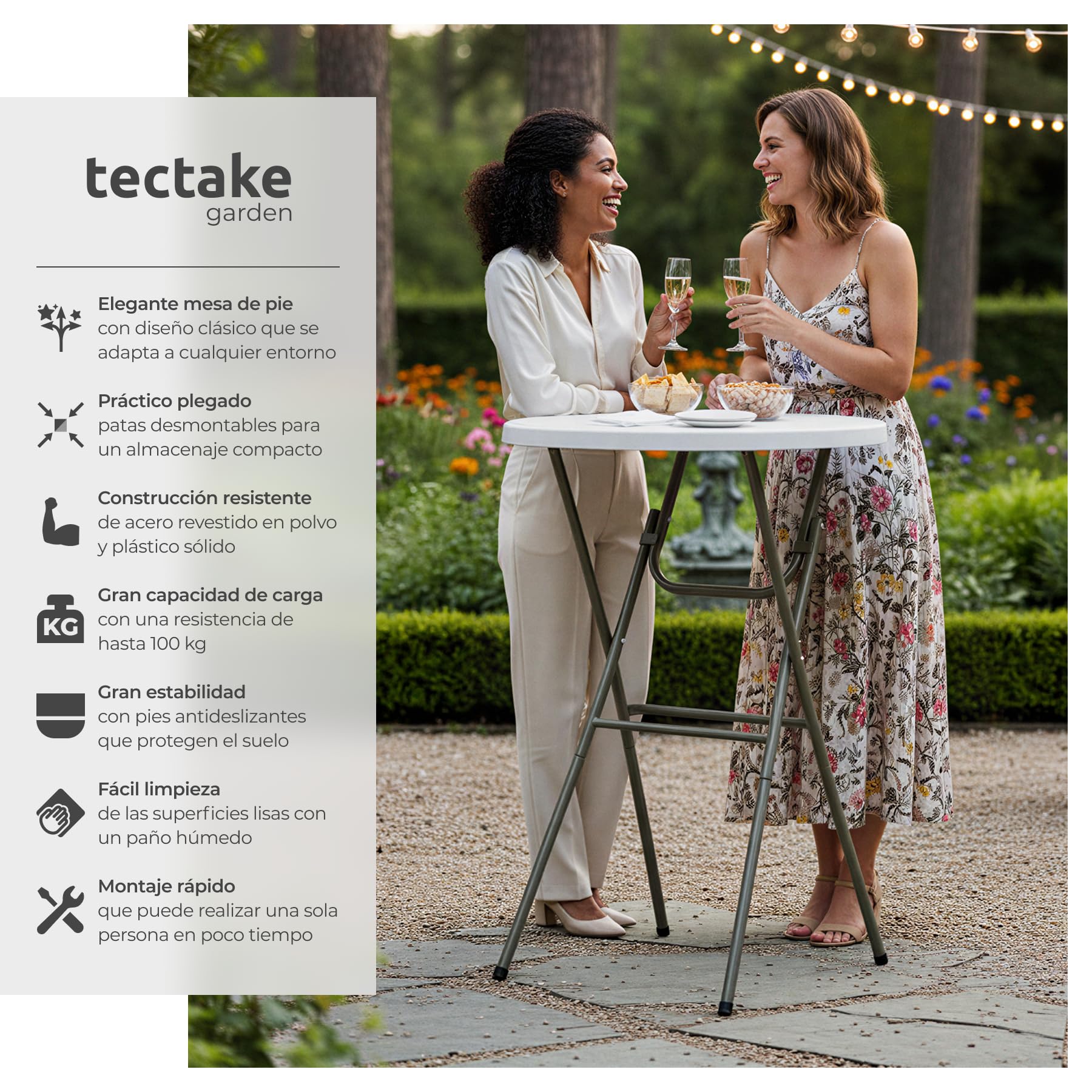tectake® Mesa Alta Cocina Plegable de Plástico, Mesa Alta Comedor con Soporte Estable, Pensada como Barra Cocina Auxiliar para Espacios Pequeños - 80 x 80 x 110 cm - Set de 1