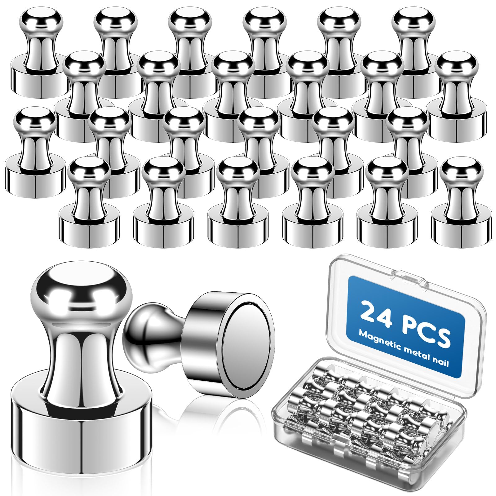 Kimsky 24 Stück Magnet für Magnettafel– Magnete Stark mit Aufbewahrungsbox Kegelmagnete Neodym Magnet Extra Stark, Mini Magnete mit Griff für Magnettafel/Whiteboard/Kühlschrank/Büro, Silber