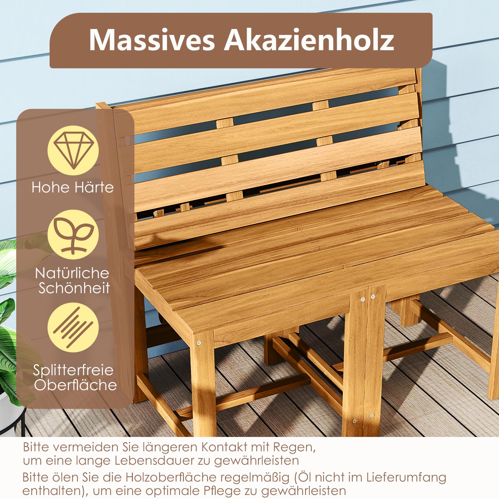 COSTWAY 2 in 1 Gartenbank, Gartentisch mit Sitzbank, 2-Sitzer Holzbank, Balkonset, Balkonmöbel Kleiner Balkon, Sitzgruppe, Sitzgarnitur für Garten, Terrasse
