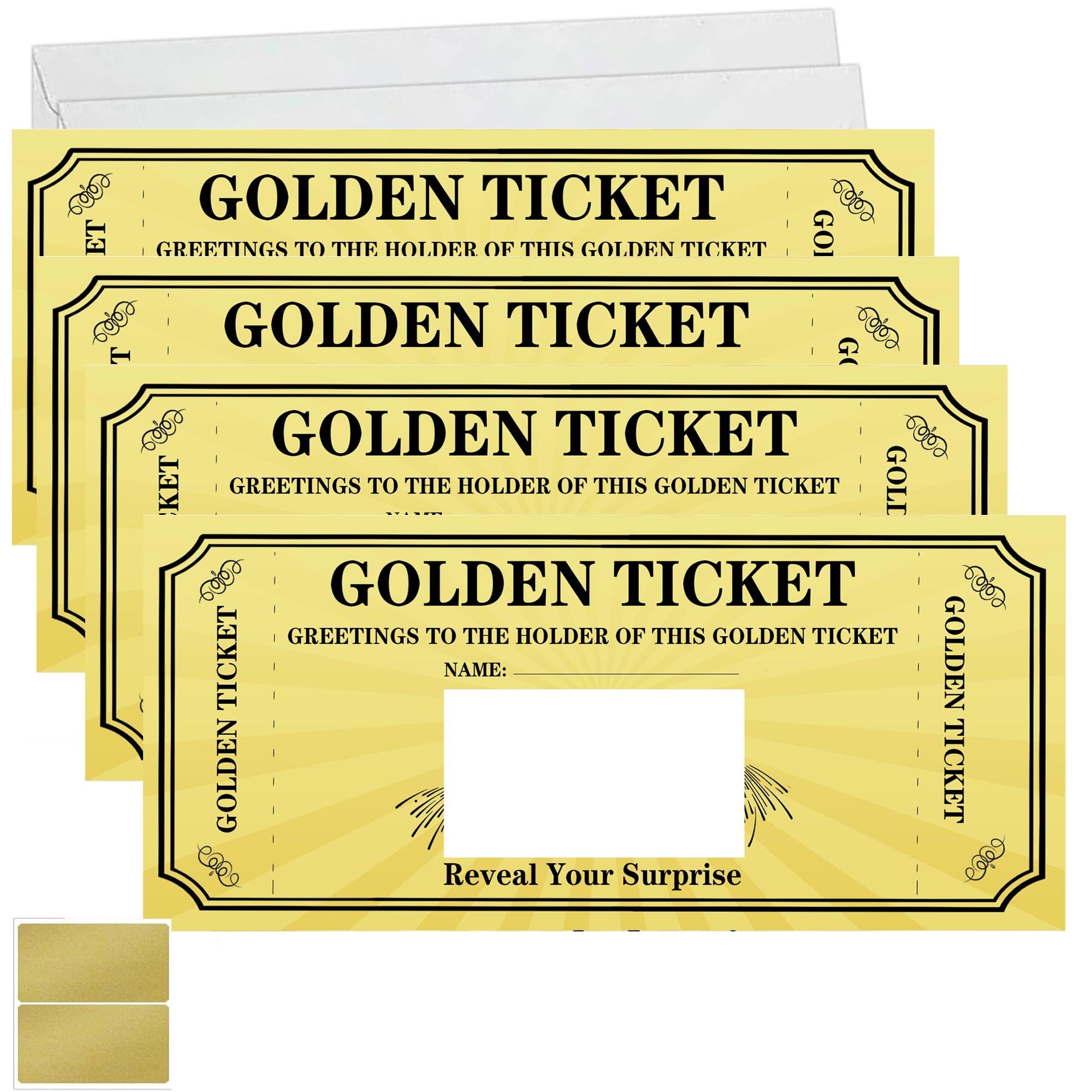 wootile Golden Ticket Scratch Off Cards with Envelope 3.5x8 Inch DIY Make Your Own Golden Ticket Scratch Off Tickets - Gold Ticket Cards Gift Card Party Favors Note Cards 10 Pack