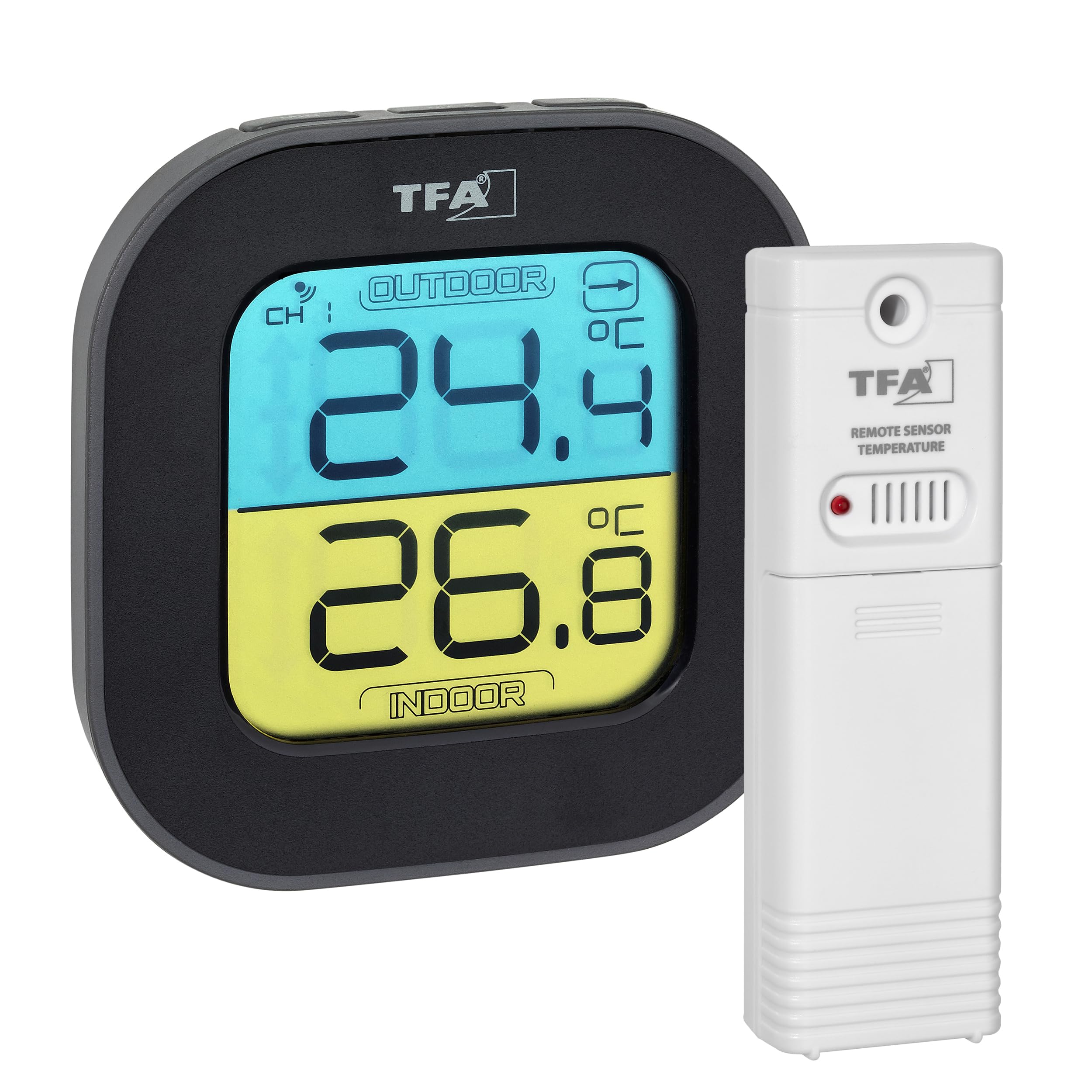 TFA Dostmann Funk Thermometer Fun mit Außensensor, 30.3068, Temperatur innen und außen, Temperaturkontrolle, Temperaturstatio digital, Farbdisplay, schwarz