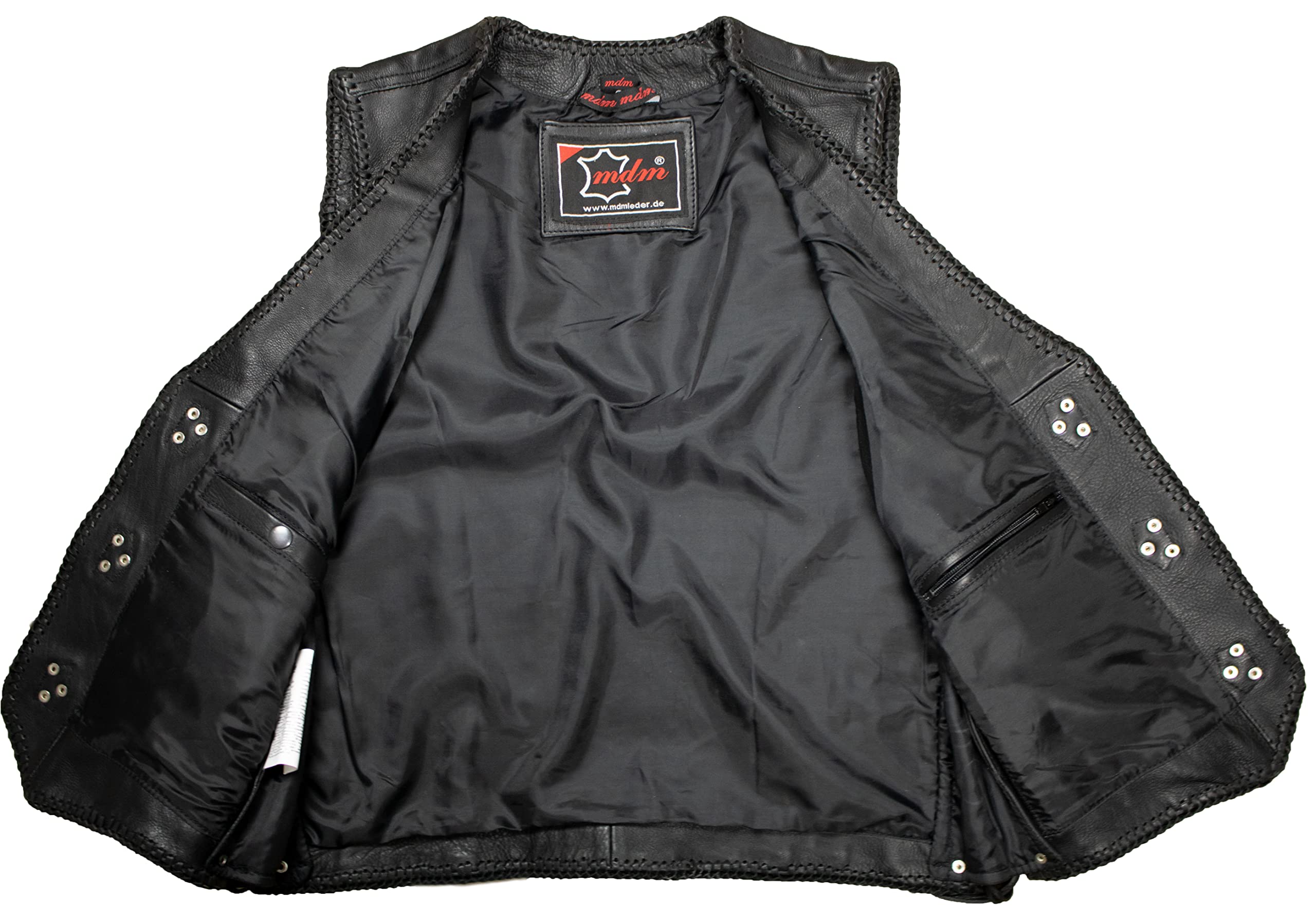 MDM Gilet pelle uomo biker – in vera pelle nera con fibbie cromate, lacci laterali regolabili e tasche multiple, stile chopper classico ideale per patch club moto