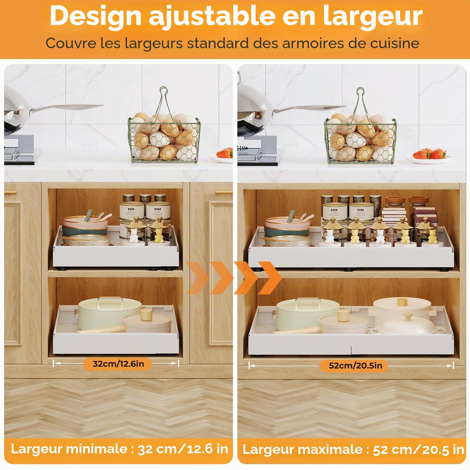Lot de 4 tiroirs télescopiques - Largeur : 32 à 52 cm - Organiseur de placard extensible avec système de rail - Tiroir coulissant - Armoire de cuisine pour organisation de cuisine - Blanc