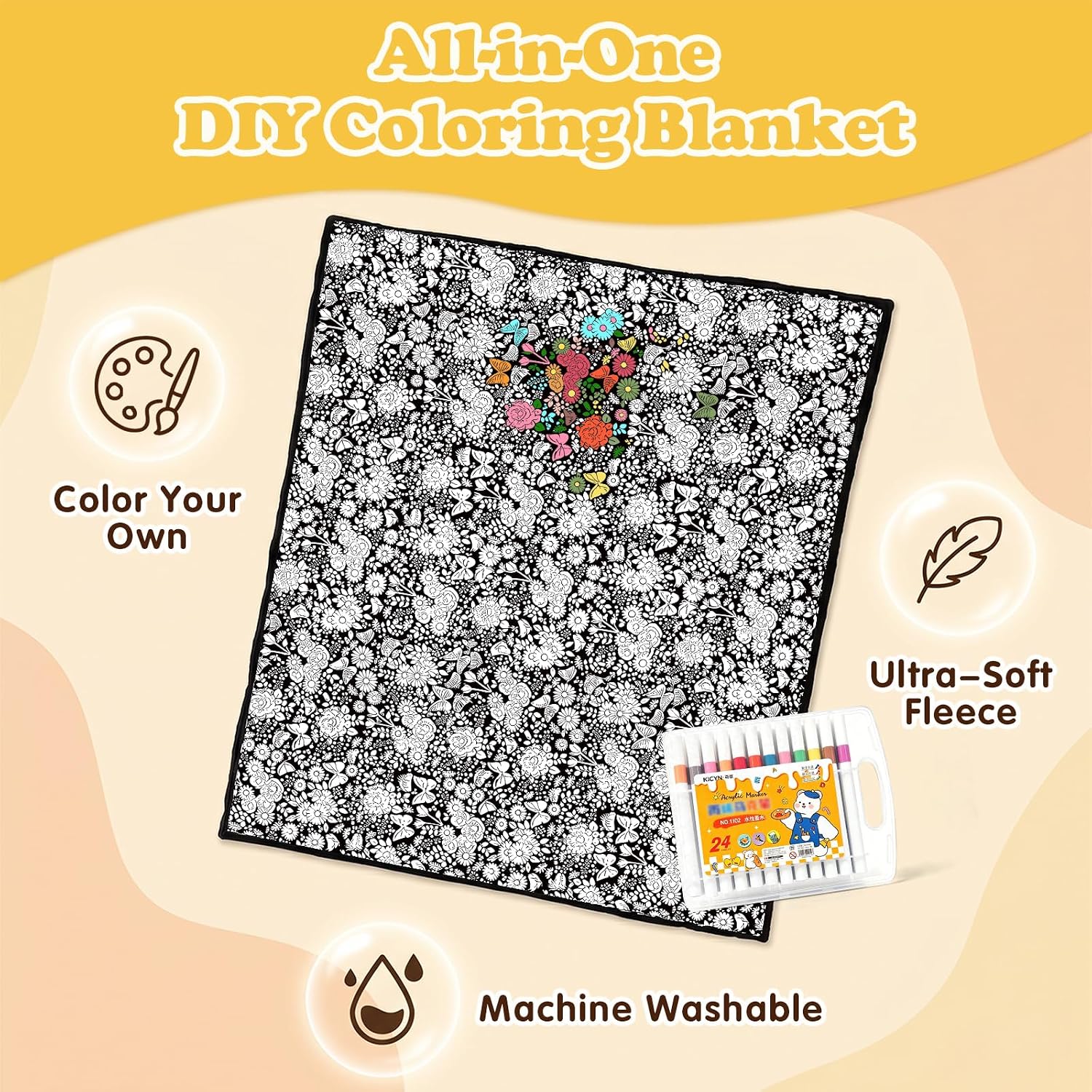 ZHAYUCHU DIY Coloring Blanket with 24 Markers Kit, Color-in Blanket for Kids & Adults 50x60 Inch, Washable & Color Your Own, Fun Creative Set for Everyday Use & Home Decor（Flowers） image 4