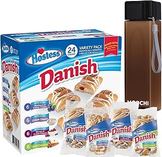 Danish Pastry Snack Variety Pack with Reusable Water Bottle – 24 Individually Wrapped Pastries, Custom Bundled by MOOCHI