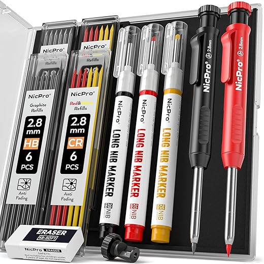 Nicpro CP1000 Professional Carpenter Pencil with Sharpener (2 Piece), Carpenter Mechanical Pencil with 26 Refills, Long Point and Deep Hole Markers for Construction, Heavy Duty Pencil