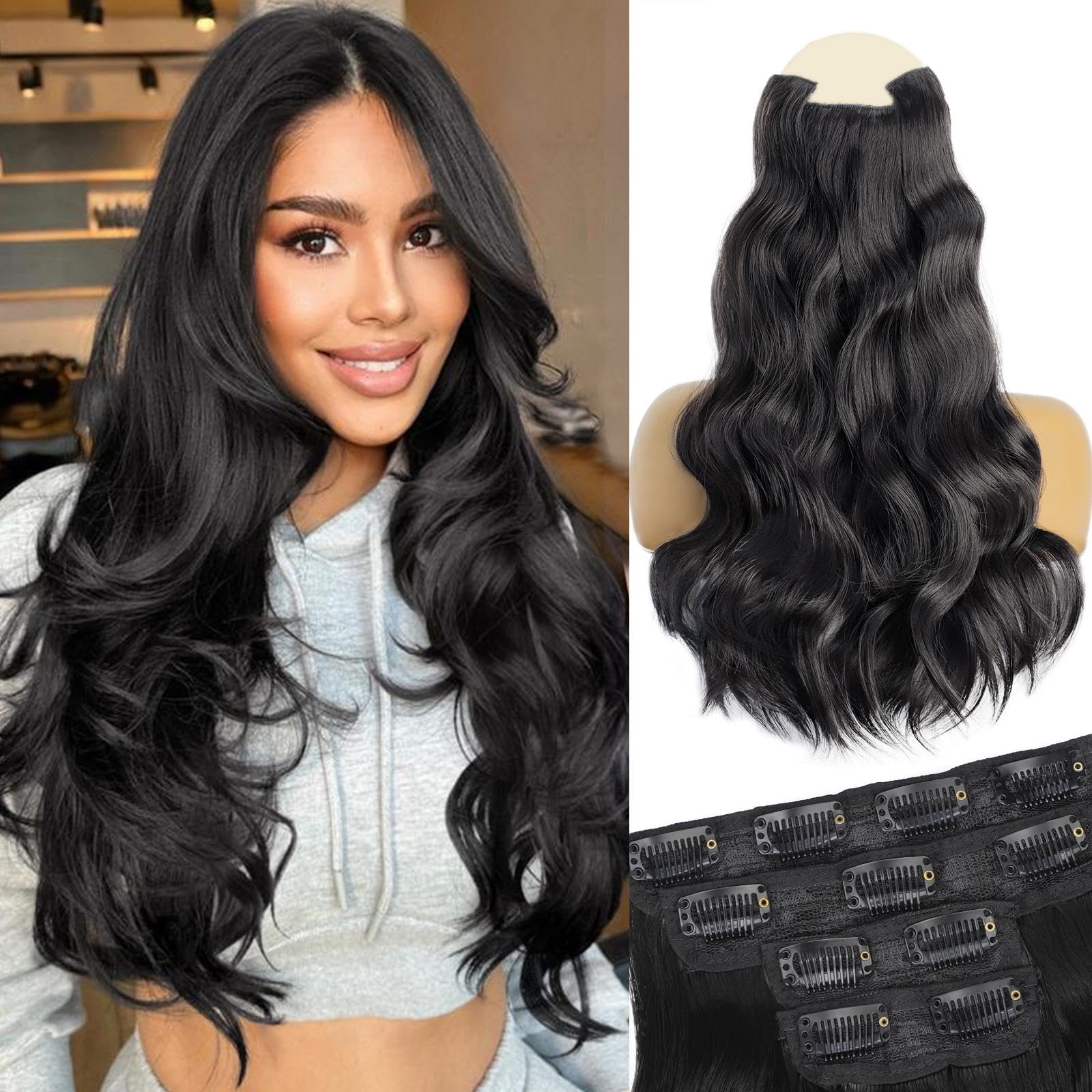 Amazon.com : Vigorous Clip in Hair Extensions 4Pcs Black  display picture 1