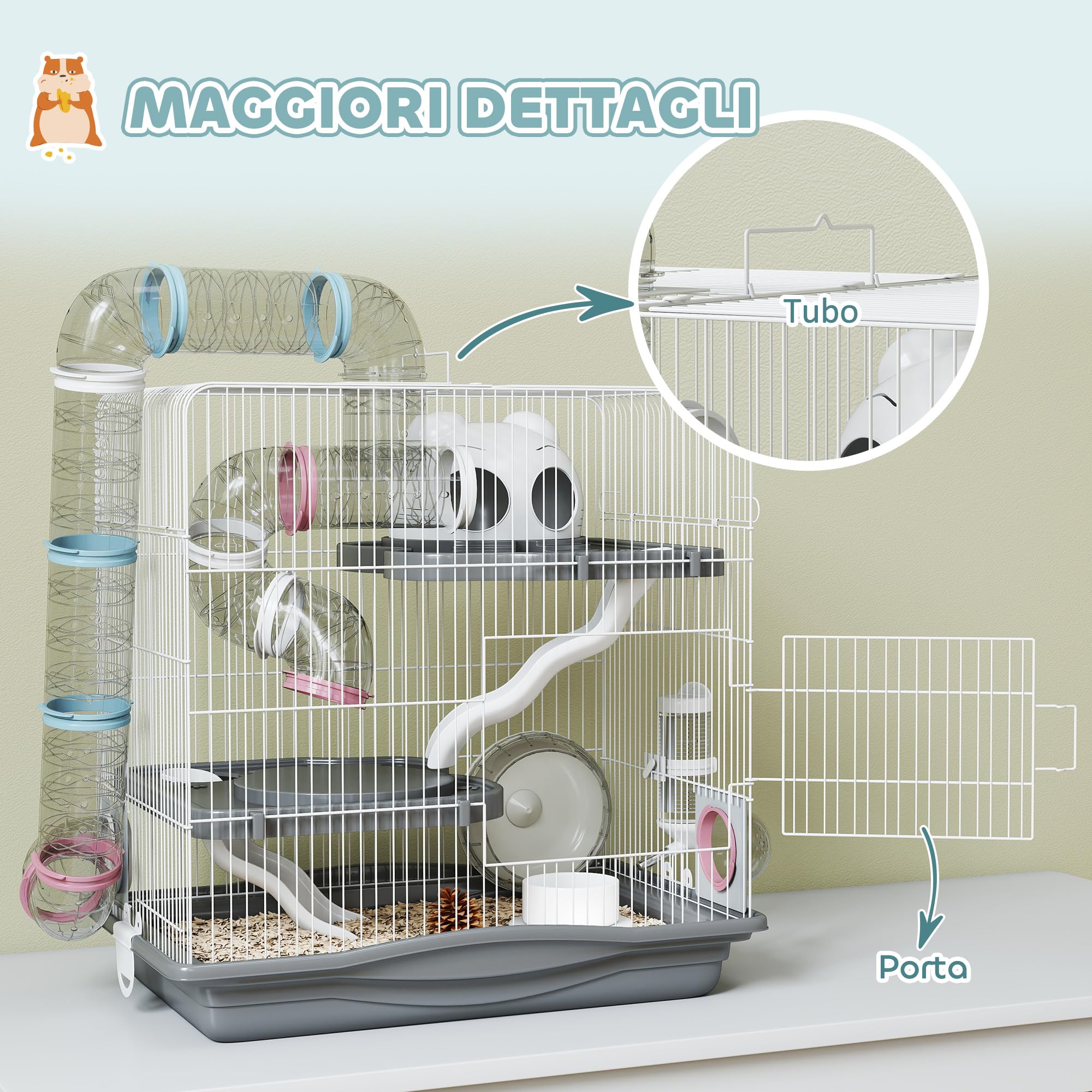 PawHut Gabbia per Criceti a 3 Livelli e 14 Tubi con Casetta, Rampa, Ciotole, Serbatoio per l'Acqua e Vassoio Antigoccia, Gabbietta per Criceti in Metallo e Plastica, 45x30x45 cm, Grigio