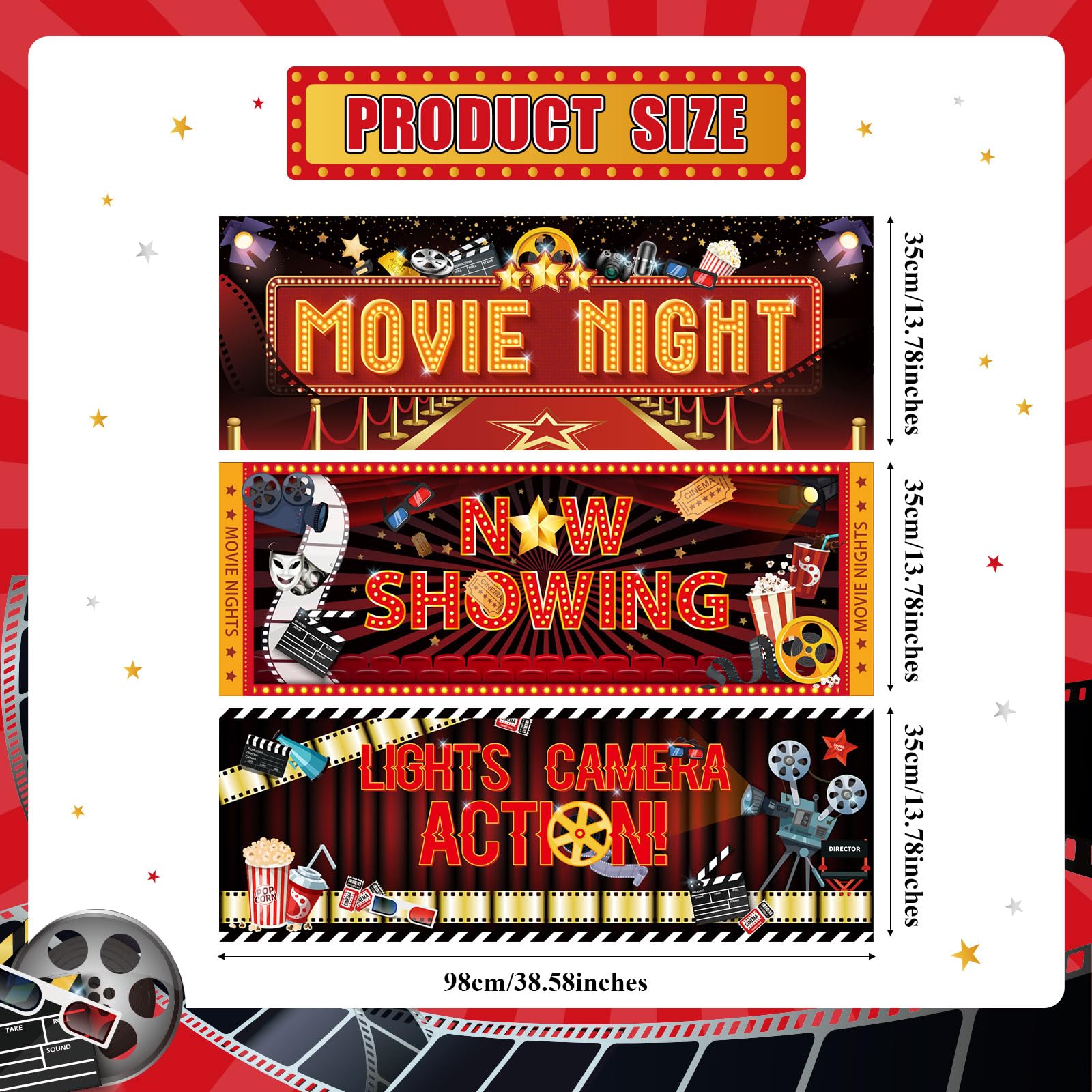 Pasimy 3 Pcs Movie Night Party Decorations Movie Theme Backdrop Movie Banner Theater Now Showing Lights Camera Action Sign Red Carpet Photography Background for Home Film Party Supplies 38''x 14''