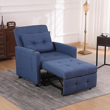 Convertible Sofa Bed Chair, 3-in-1 Single Sofa Chair, Pull Out Sleeper Chair with USB + Type C Charge Port, Side Pocket, Pillow and 105-180Adjustable Backrest - Navy