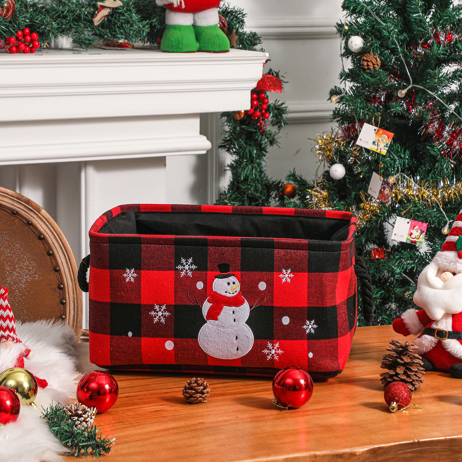 Cesto Portaoggetti Natalizio, Cestos di Natale Grande Scatola di Stoccaggio con Motivo Scozzese Classico, Pieghevole cose di Natale per la Casa Cestino con manico, Stile Rustico Organizer Cesta Regalo