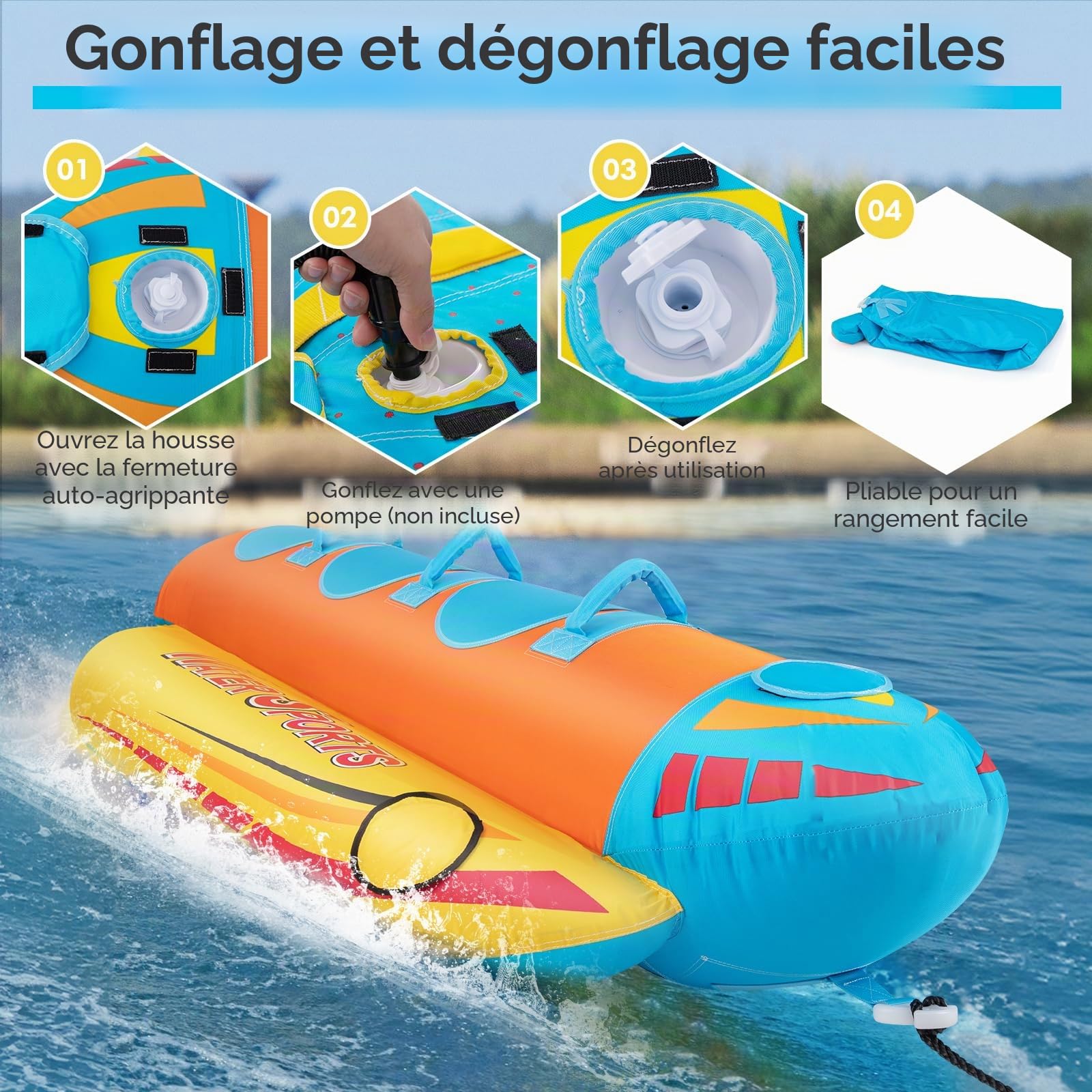 HOMASIS Bateau banane gonflable pour 3 personnes, avec 3 poignées et système de remorquage, sports nautiques Funtube jusqu'à 231 kg, 252 x 108 x 51 cm