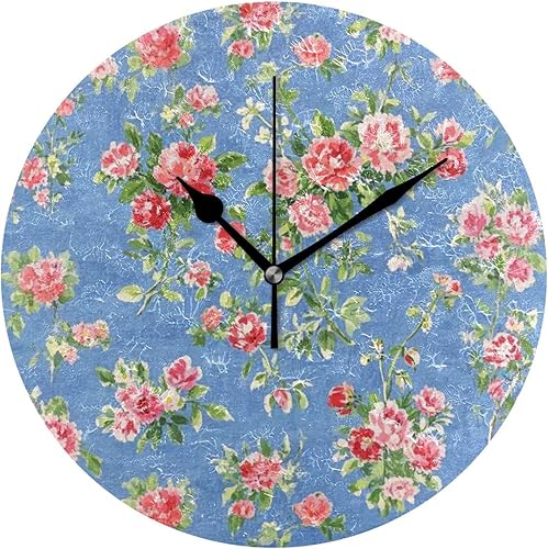 Pink Red Vintage Floral 10 Inch Round Living Room Wall Clocks Battery Operated Non Ticking Decor for Kitchen Bathroom Classroom reloj para cocina de