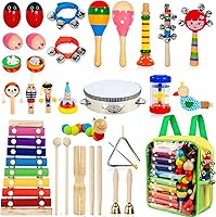 Taimasi 33Pcs Kids Wooden Musical Instruments Set - 18 Types Percussion Toys Tambourine Xylophone for Toddlers Preschool Boys Girls