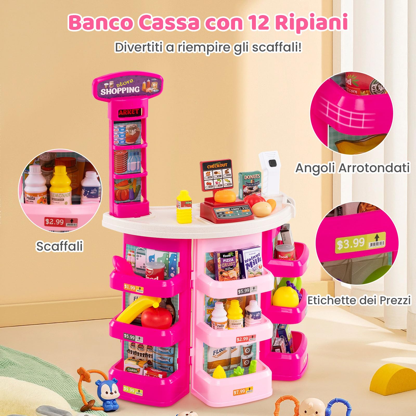 RELAX4LIFE Supermercato per Bambini con Banco, Carrello della spesa e Cestino, Bilancia Simulata, Cassa con Effetti di Luce e Suono, Supermercato Giocattolo con 29 Accessori per Bambini 3+ Anni (ROSA)