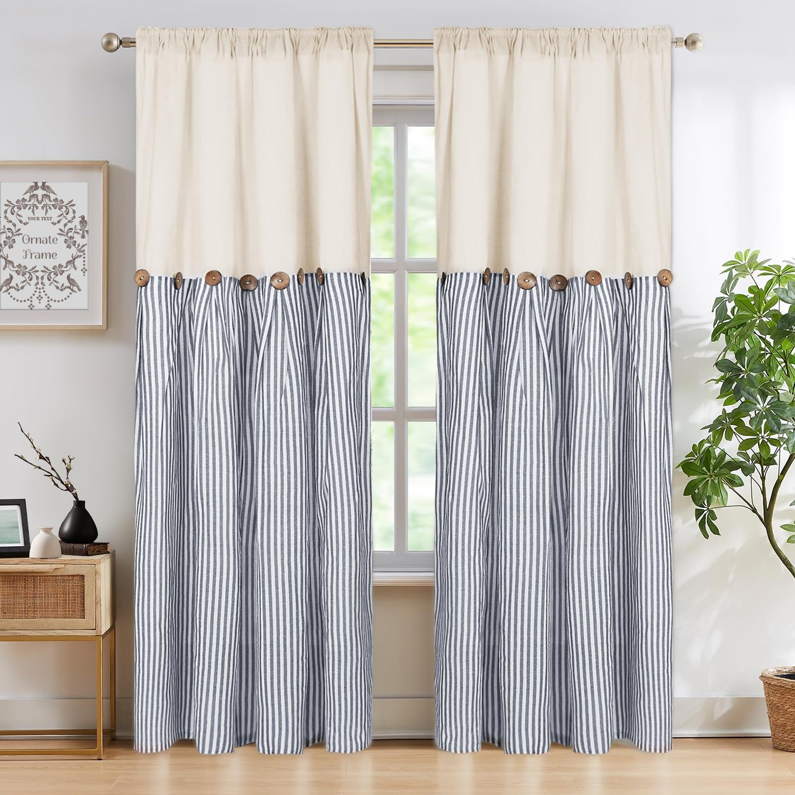 ASPMIZ Baumwoll-Leinen-Vorhänge im Landhausstil, rustikale Knopfvorhänge, Leinen-Fenstervorhang, Blaue Streifen, Landhausvorhang für Wohnzimmer, Moderne Verdunkelungsvorhänge, 132 x 213 cm, 2 Paneele
