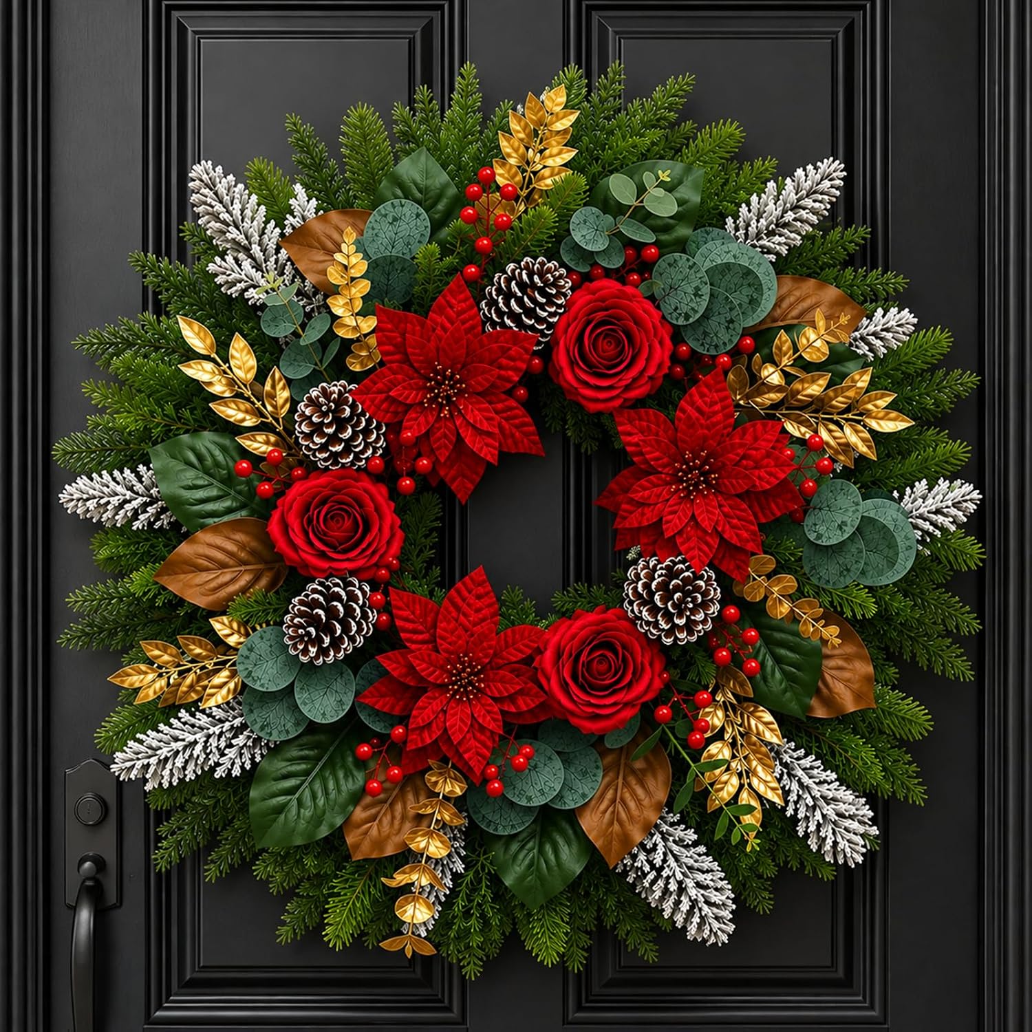 28 Inch Christmas Wreath for Front Door, Red Poinsettia Rose Holiday Wreath