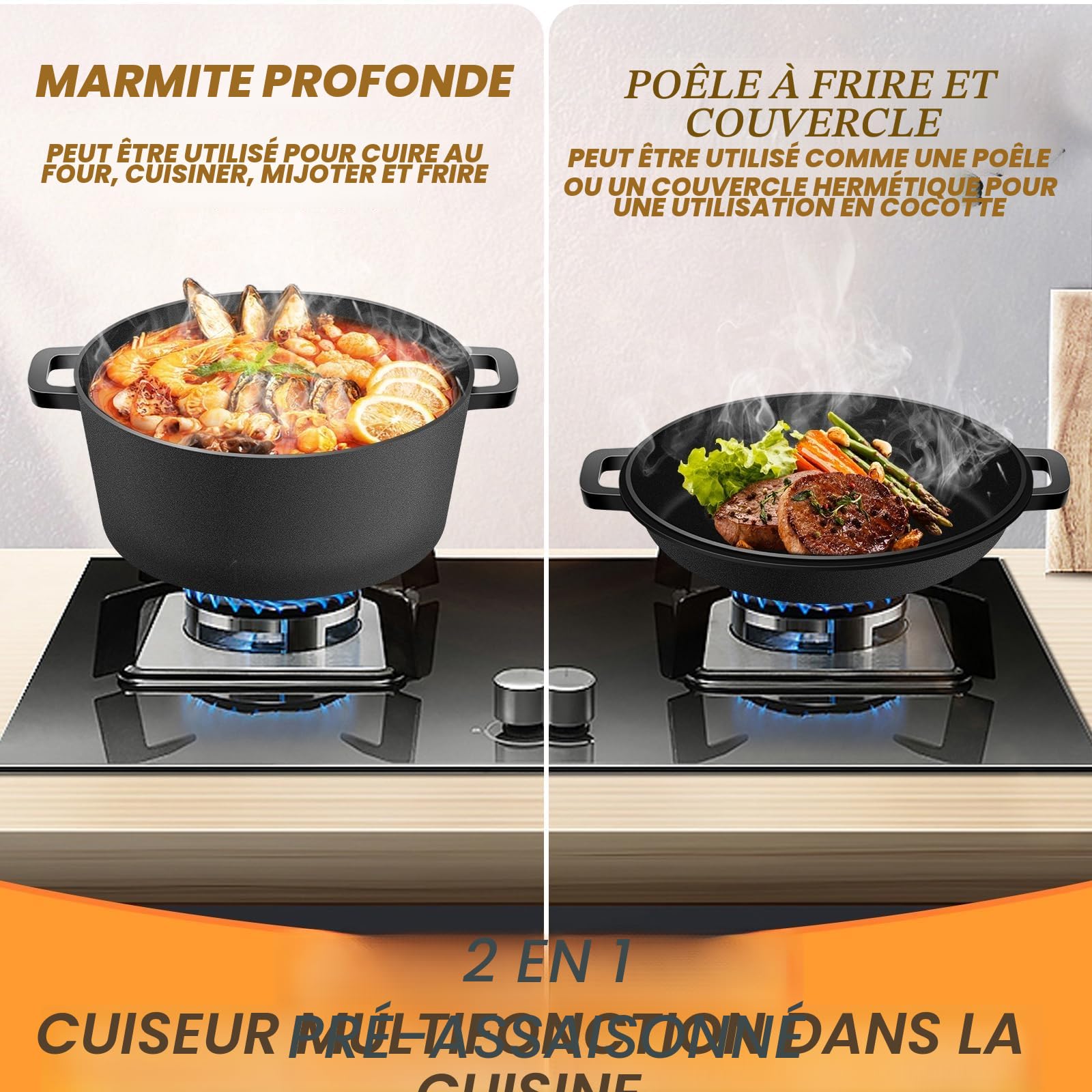 Casserole en Fonte pour la Cuisson du pain, 26cm Cocotte Panier de Levage de Pain Banneton, Matériel de Cuisson de Pain au Levain, Marmite 2 en 1 avec Couvercle de Poêle, Poignées de Poêle, 4.7L