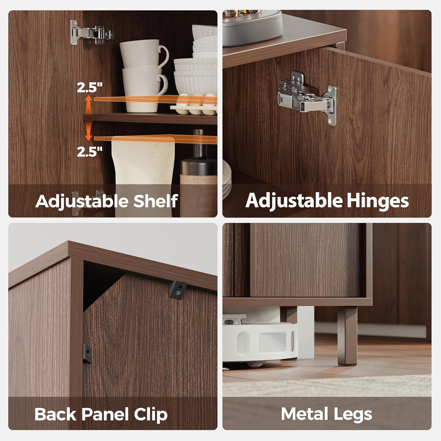 Sideboard Buffet Cabinet with Storage, 2 Doors, Adjustable Shelves, Wooden Mid Century Coffee Bar Cabinet for Entryway, Living Room, Kitchen, Walnut