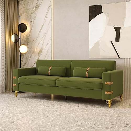 Sofá moderno de terciopelo verde para sala de estar, sofá de 3 plazas verde oliva, cómodo sofá con patas de metal dorado, sofá nube para espacios