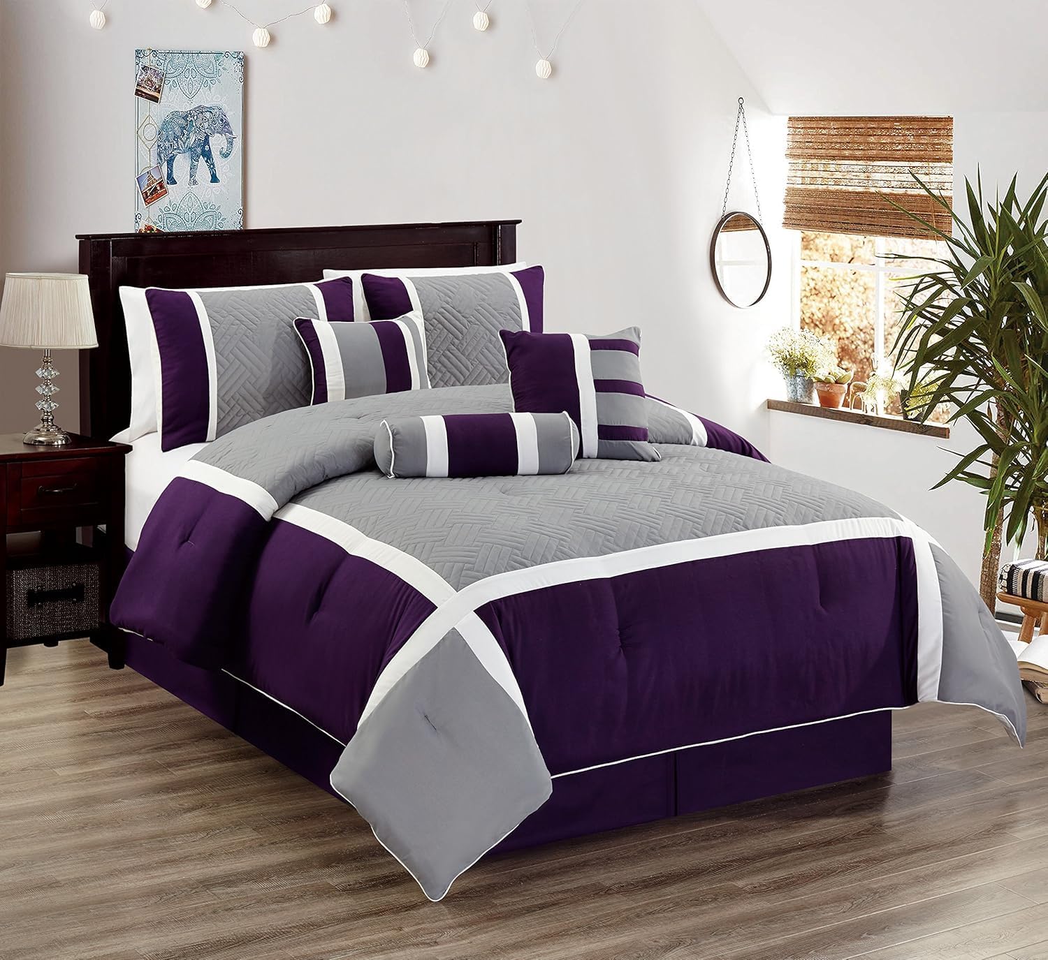 All American Collection New 7 Piece Embroidered Over-Sized Comforter Set (Queen, Purple/Grey)