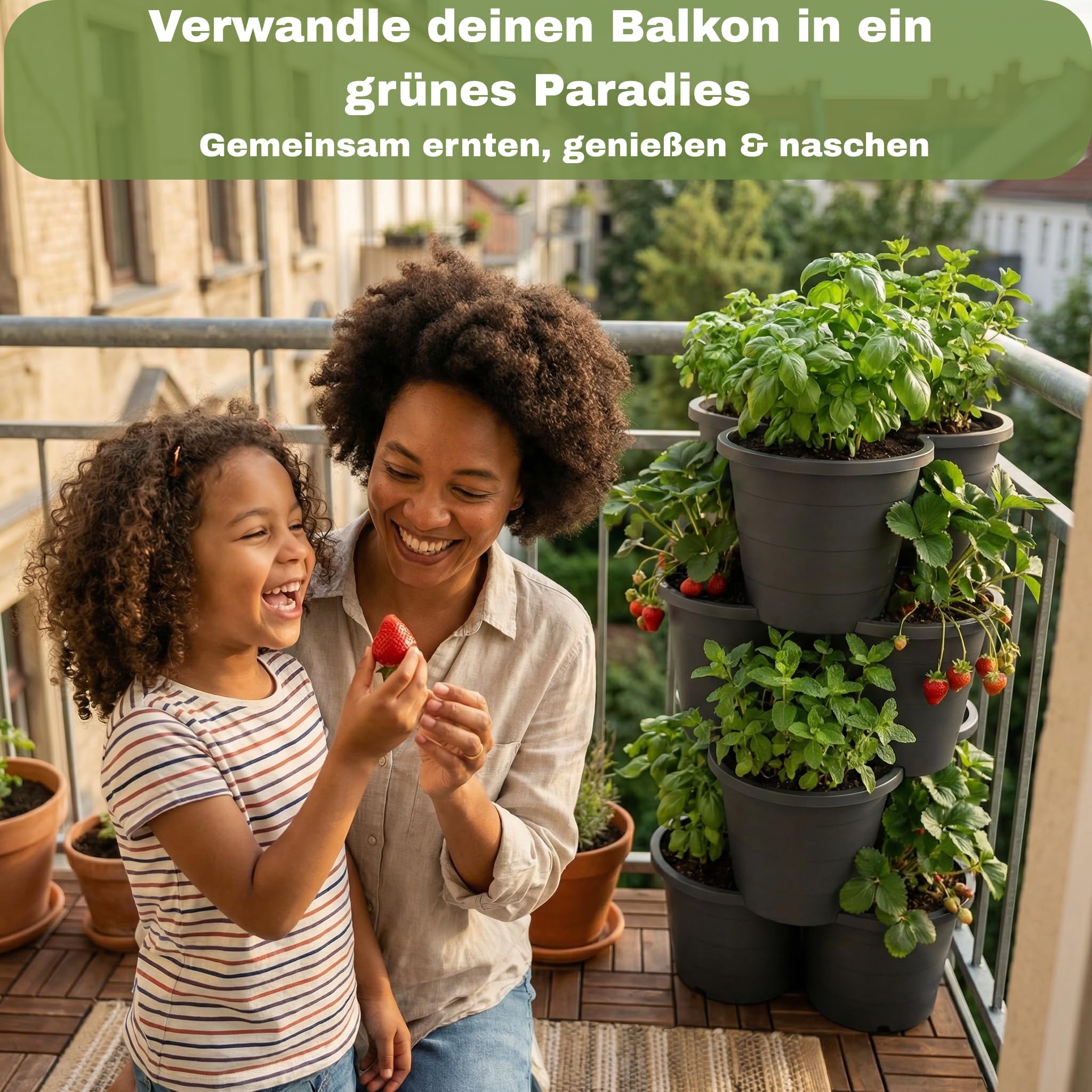 Pflanzturm 4er Set stapelbar – Vertikales Hochbeet System für Balkon & Terrasse – Bestens geeignet als Erdbeerturm, Kartoffelturm & Kräuterturm – Platzsparend, wetterfest, Hergestellt in der EU