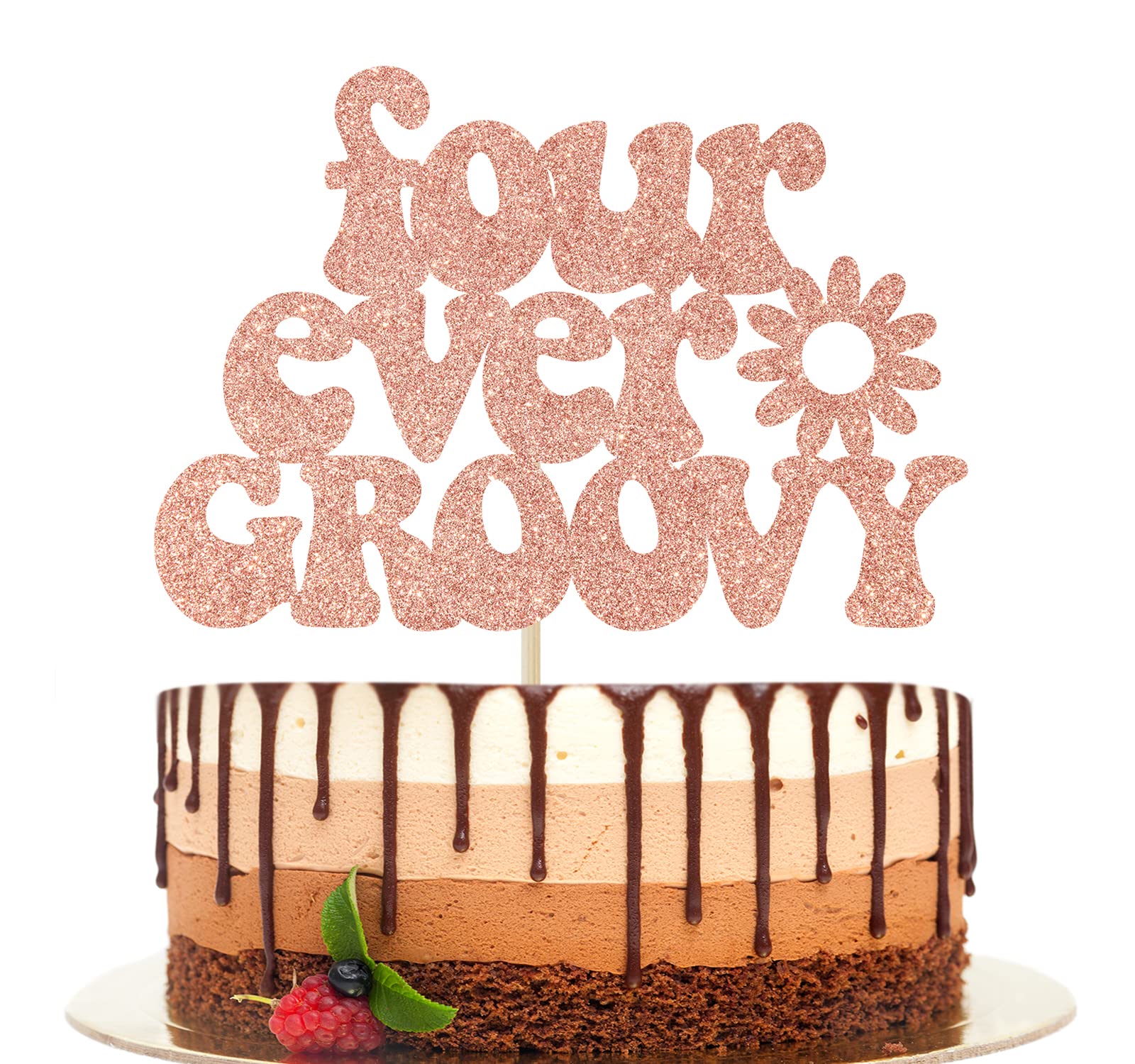 Four Ever Groovy Cake Topper, Hippie Cake Decorations Boho 4th Birthday Cake Toppers for Girls Boys 60s 70s Groovy Happy Birthday Decorations Supplies, Rose Gold Glitter