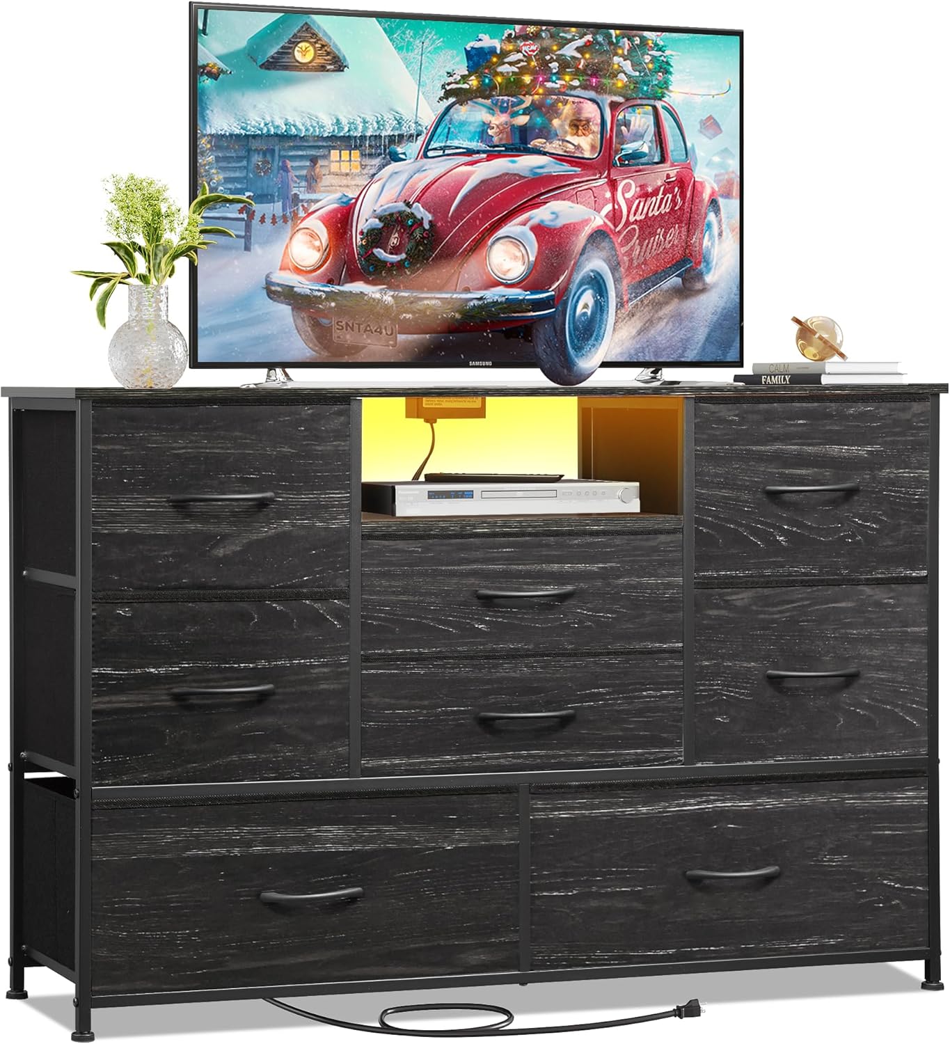Dresser TV Stand with 8 Drawers, Dresser TV Stand with LED Lights & Power Outlets, Bedroom Dresser, Chest of Drawers for 55'' Long TV, Wide Fabric Dresser, Black