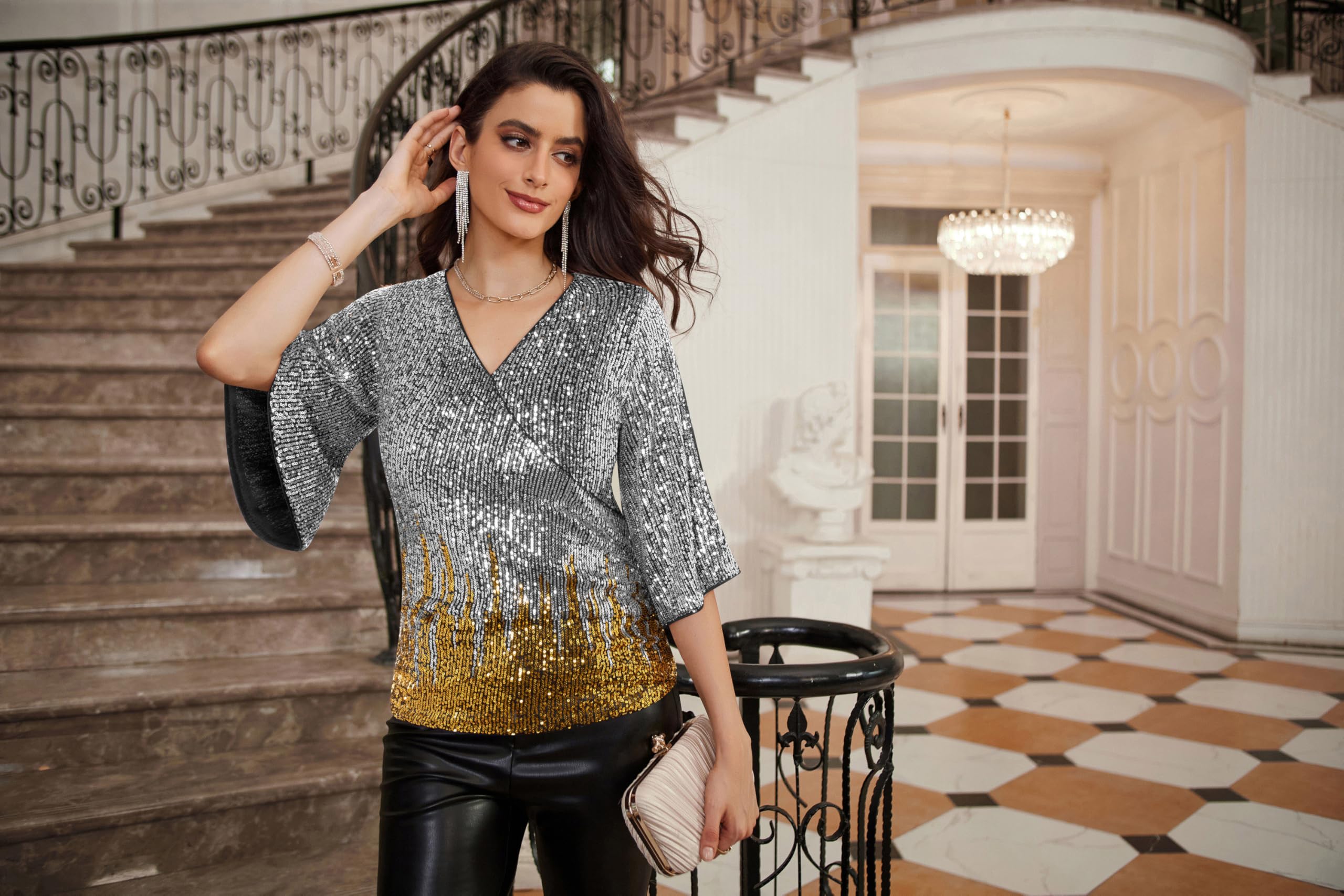 GRACE KARIN - Blusa da donna con maniche a 3/4, scollo a V, paillettes, adatta per cocktail party e feste