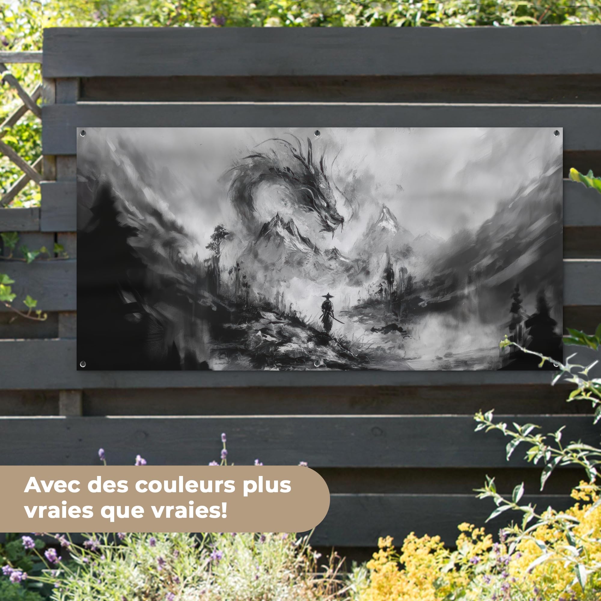 MuchoWow© Decoracion Jardin Exterior Decoración Pared Póster De Jardín | 160x80 cm - Balcón Wall Decoration Patio Posters Decorativos Terraza Guerrero - Dragón - Gris
