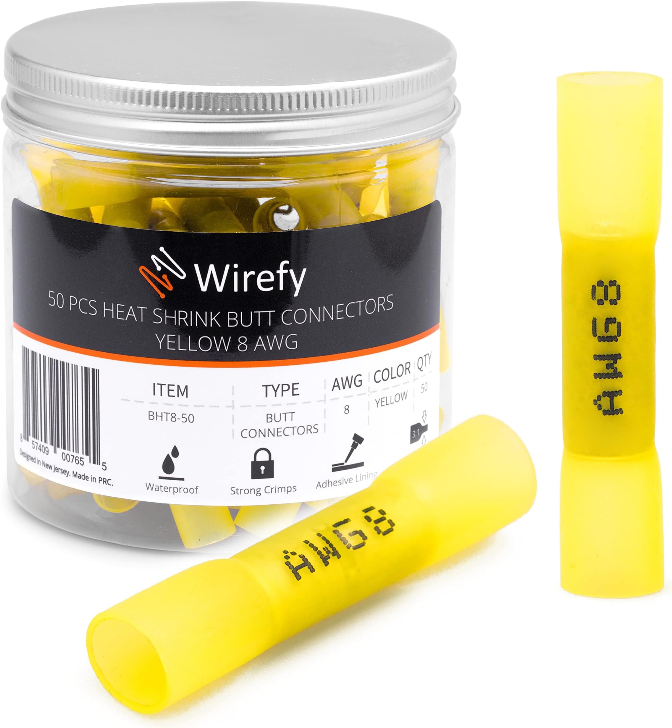 Wirefy 50 PCS Heat Shrink Butt Connectors Yellow 8 AWG - Larger Diameter Marine Grade Butt Connectors - Wire Butt Splice Connectors - Electrical Waterproof Heat Shrink Butts