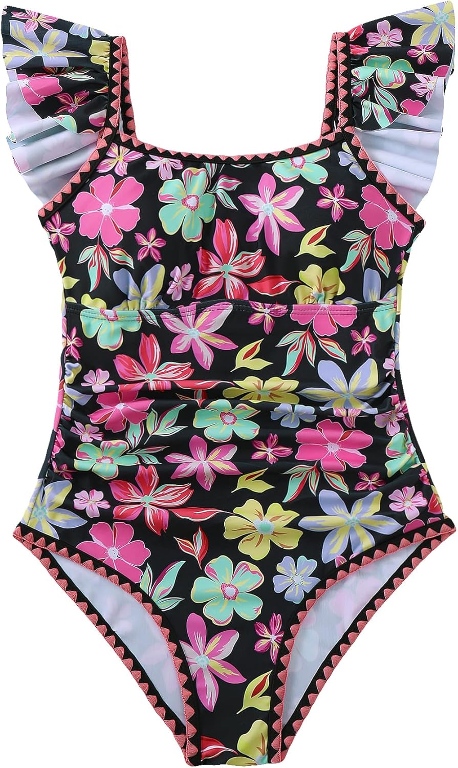 Sewetier Girls Swimsuit One Piece Color Contrast Trim Bathing Suit Ruched Tie-Back Padded Swimwear 7-16Y