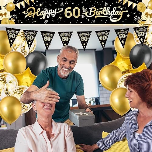 Miniatura 4 de Cartel grande de decoración de cumpleaños 60 de 9.8 x 1.6 pies, juego de decoración de fiesta de feliz cumpleaños negro y dorado, telón de fondo de