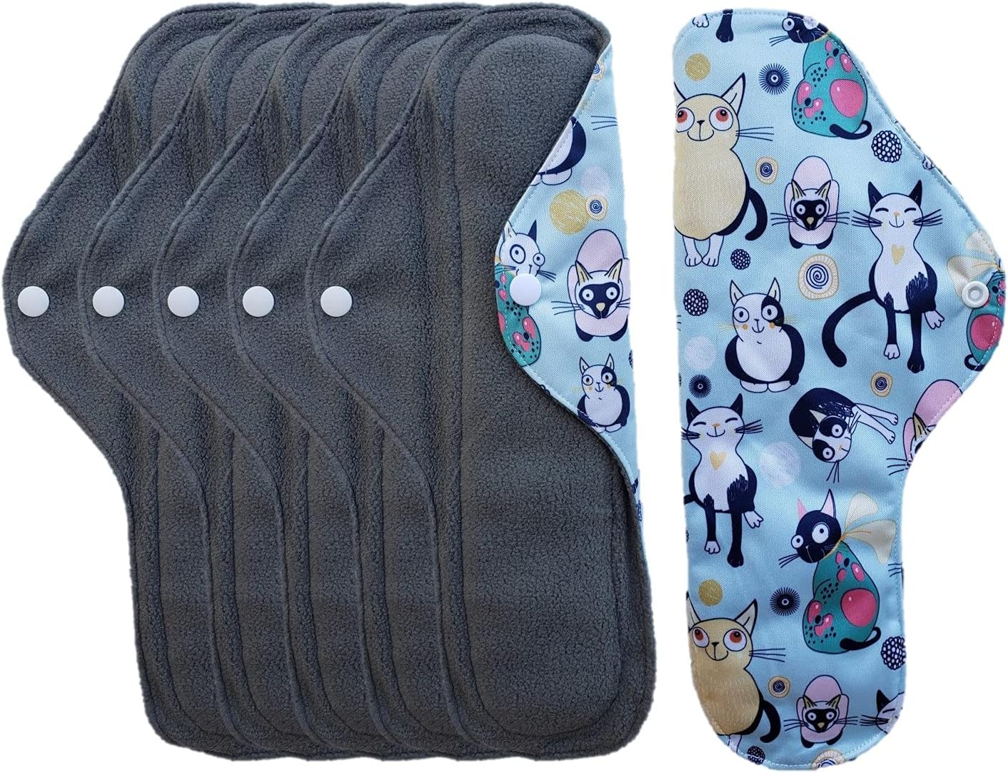 Aslana 6-Pack Reusable Cloth Menstrual Pads Sanitary Napkins for Heavy & Overnight Flow (L, Cat Light Green)