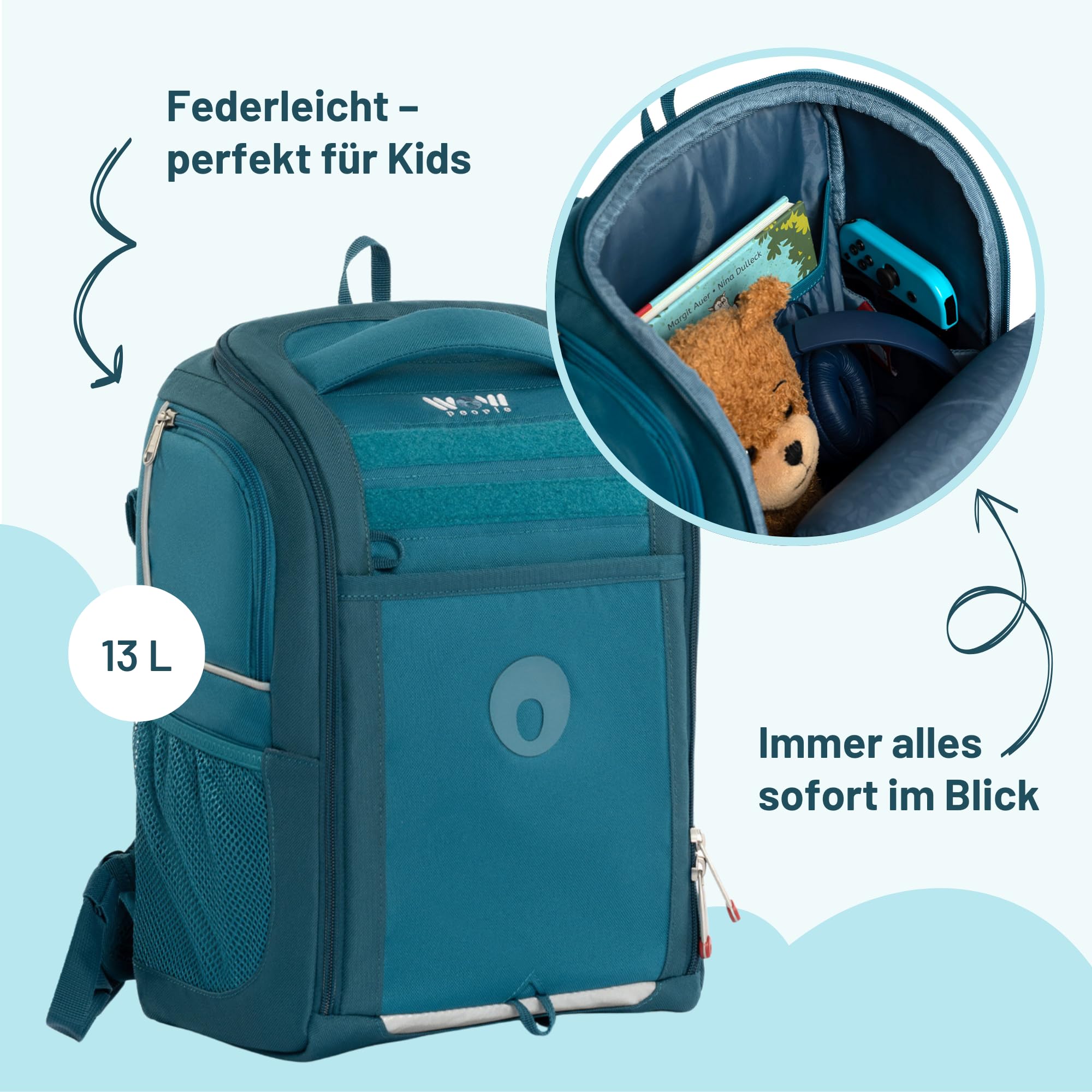 Kinder Schranktrolley Set – 3-in-1 Trolley, Rucksack und Kulturtasche – mit Rollen, höhenverstellbarem Griff, geräumig & modular – Praktischer Kindertrolley für Reisen & unterwegs (Petrol)
