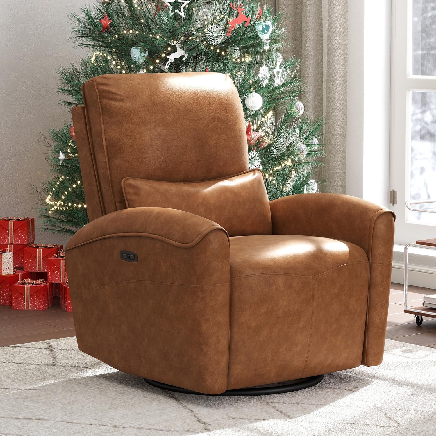 Bonzy Home Power Swivel Rocker Recliner Chair with USB Port, 23.2" Wide Seat, Fixed Lumbar Support, Upholstered Glider Chair for Nursery Living Room, Brown
