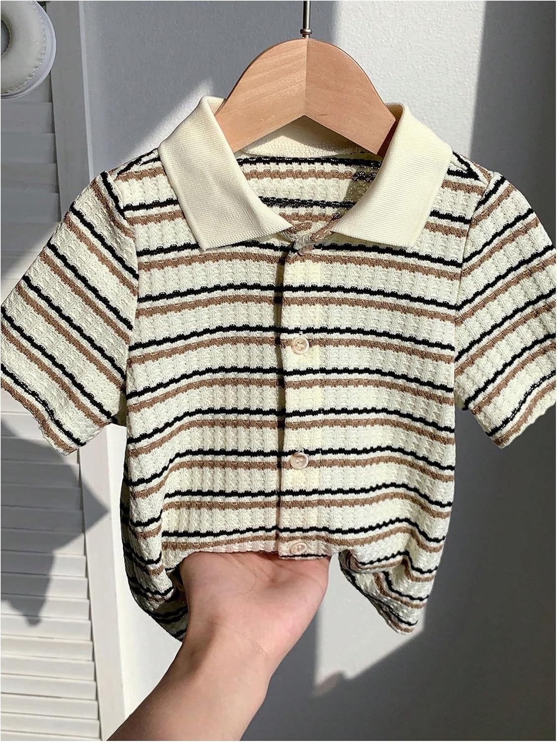 SHENHE Boy's Striped Button Down Knit Shirt Short Sleeve Collared Summer Vacation Top