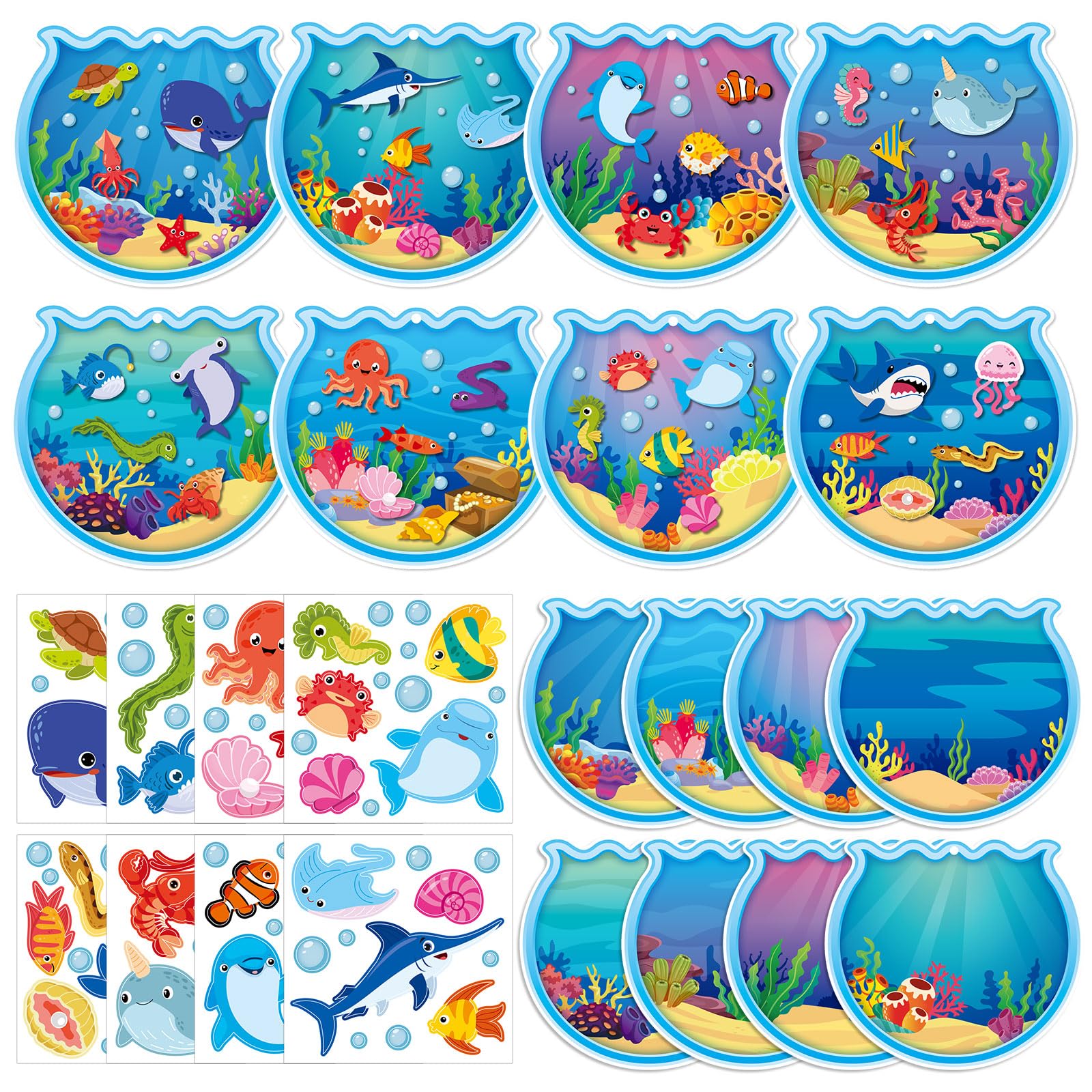Kosiz 32 Sets Under The Sea Crafts Kits Make Your Own Ocean Animals Sticker Scenes DIY Sea Life Cards Fish Stickers for Classroom Activity Supplies Summer Crafts Underwater Party Favors