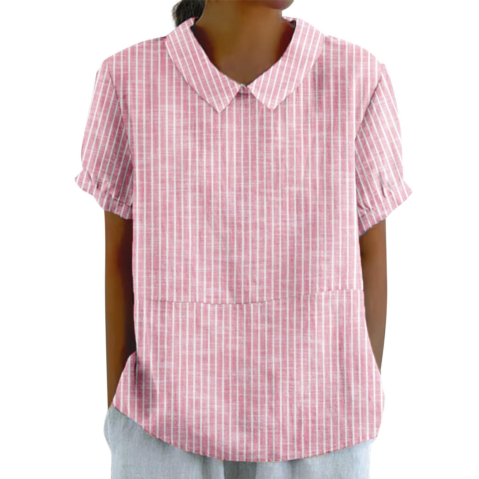 Gestreift Bluse Damen Elegant Peter-Pan-Kragen Blusenshirt Kurze Ärmel Tshirt Gestreiftes Oberteil Tunika Lose Hemdbluse Sommerbluse Shirtbluse Blusehemd Blusen Damenblusen Blusentop