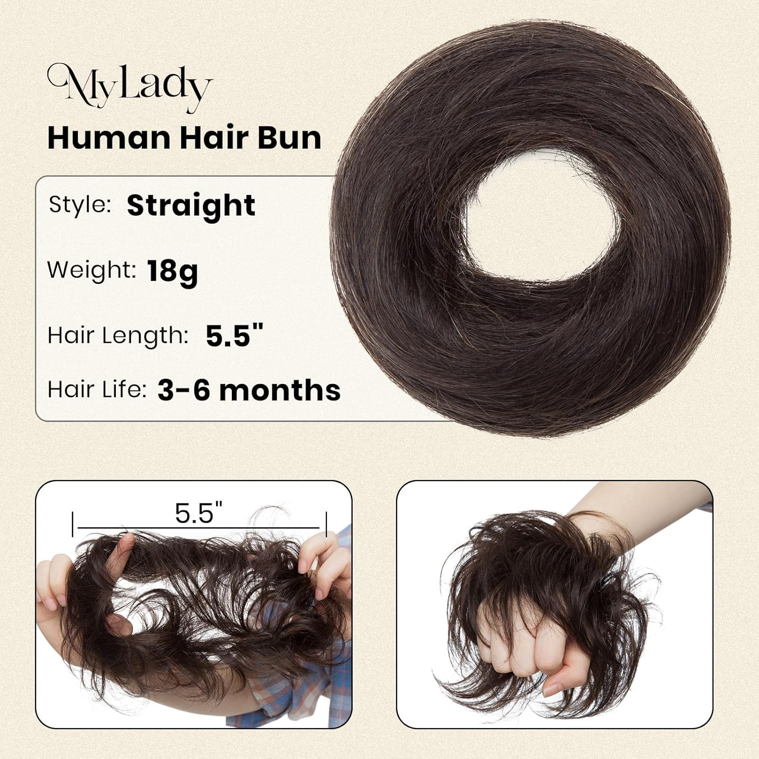 MY-LADY Messy Bun Hair Pieces Human Hair for Women Real Hairpiece Straight Scrunchies Tousled Updo Donut Chignon Ponytail Extension Natural Black