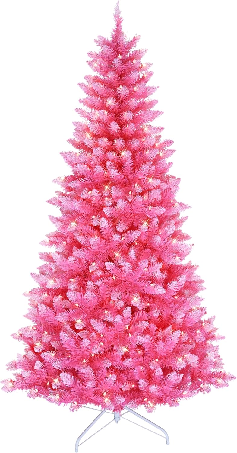 Puleo International 4ft Pre-Lit Fashion Pink Pine Artificial Christmas Tree with 150 Clear Lights, 196 Realistic Dense Branch Tips, Easy Setup Artificial Trees with Sturdy Stand