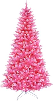 Puleo International 6.5ft Pre-Lit Fashion Pink Pine Artificial Christmas Tree with 300 Clear Lights, 836 Realistic Dense Branch Tips, Easy Setup Artificial Trees with Sturdy Metal Stand