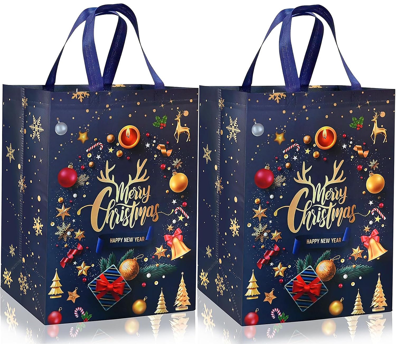 ADQUATOR Christmas Bags - 50 * 40 * 20cm 2 Pack Extra Large Gift Bags with Handle Non-woven Fabric Present Bag Black and Gold Reusable Xmas Shopping Bag for Holiday Party
