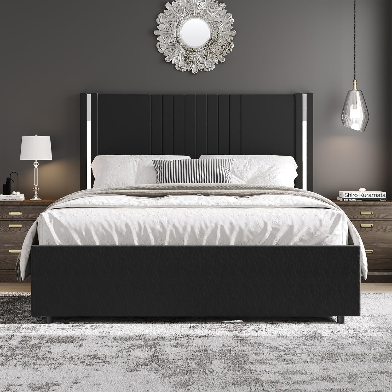 HOMBCK Queen Bed Frame, Velvet Upholstered Platform Bed with Channel Tufted Headboard and Plating Trim, Wingback,Wooden Slats, No Box Spring Needed, Black