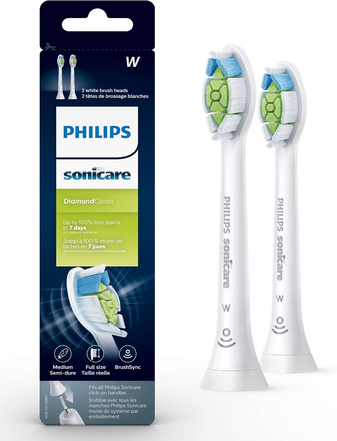 Philips Sonicare DiamondClean Electric Toothbrush Heads, Motorized Sonicare Toothbrush Heads, Brush Head Pack (2 Heads), White, HX6062/92