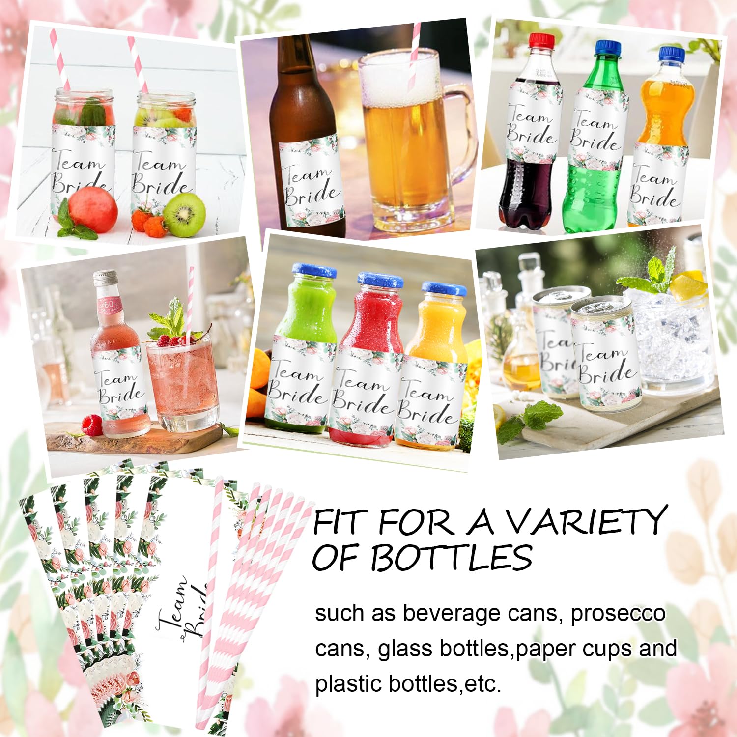 Etiquetas Personalizadas para Botella de Agua 40 Piezas Boda con Pajitas Papel
