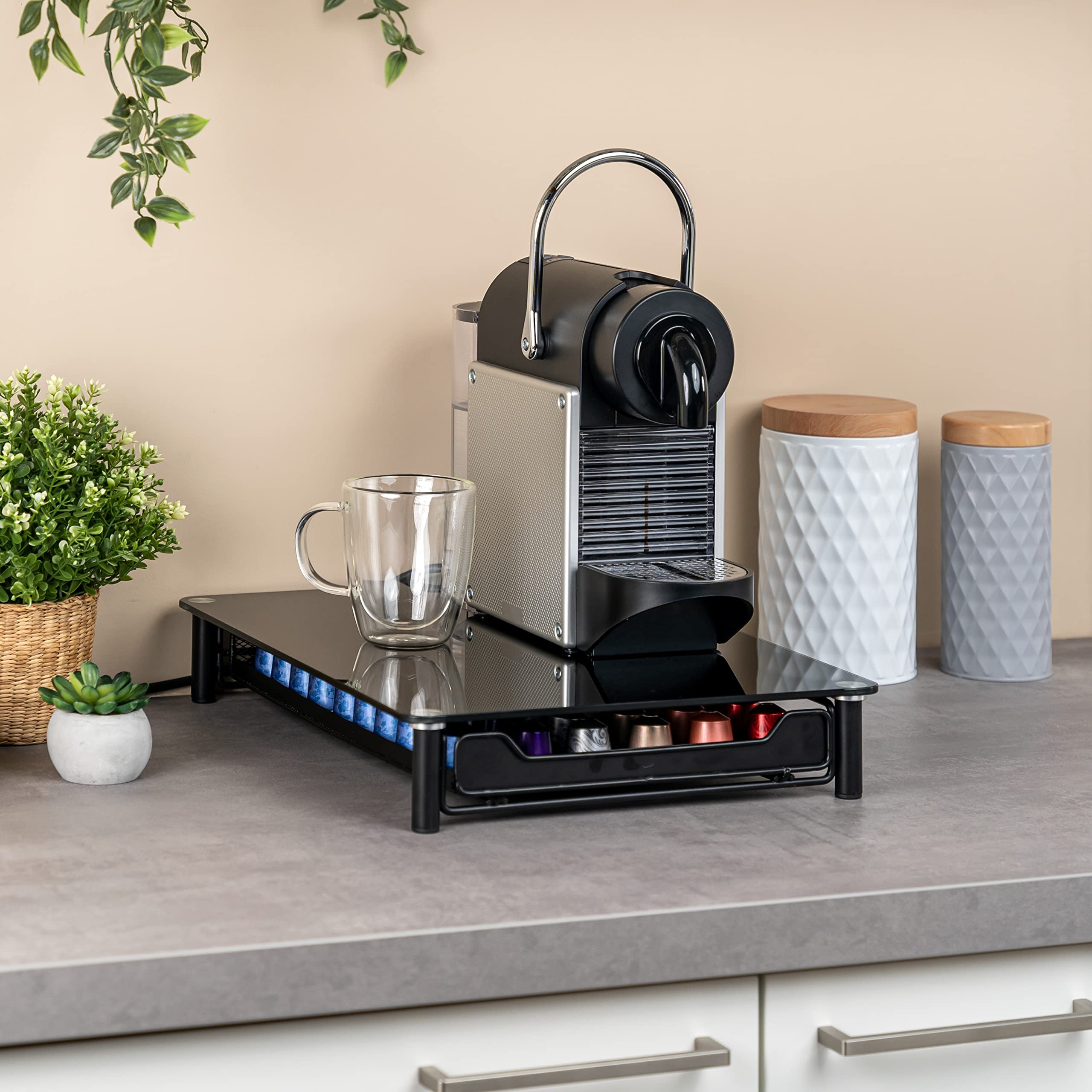 bremermann Caja para 60 cápsulas de café Nespresso, cajón, metal y placa de cristal, soporte para cápsulas, dispensador de cápsulas, aprox. 31 x 7 x 40,5 cm (negro)