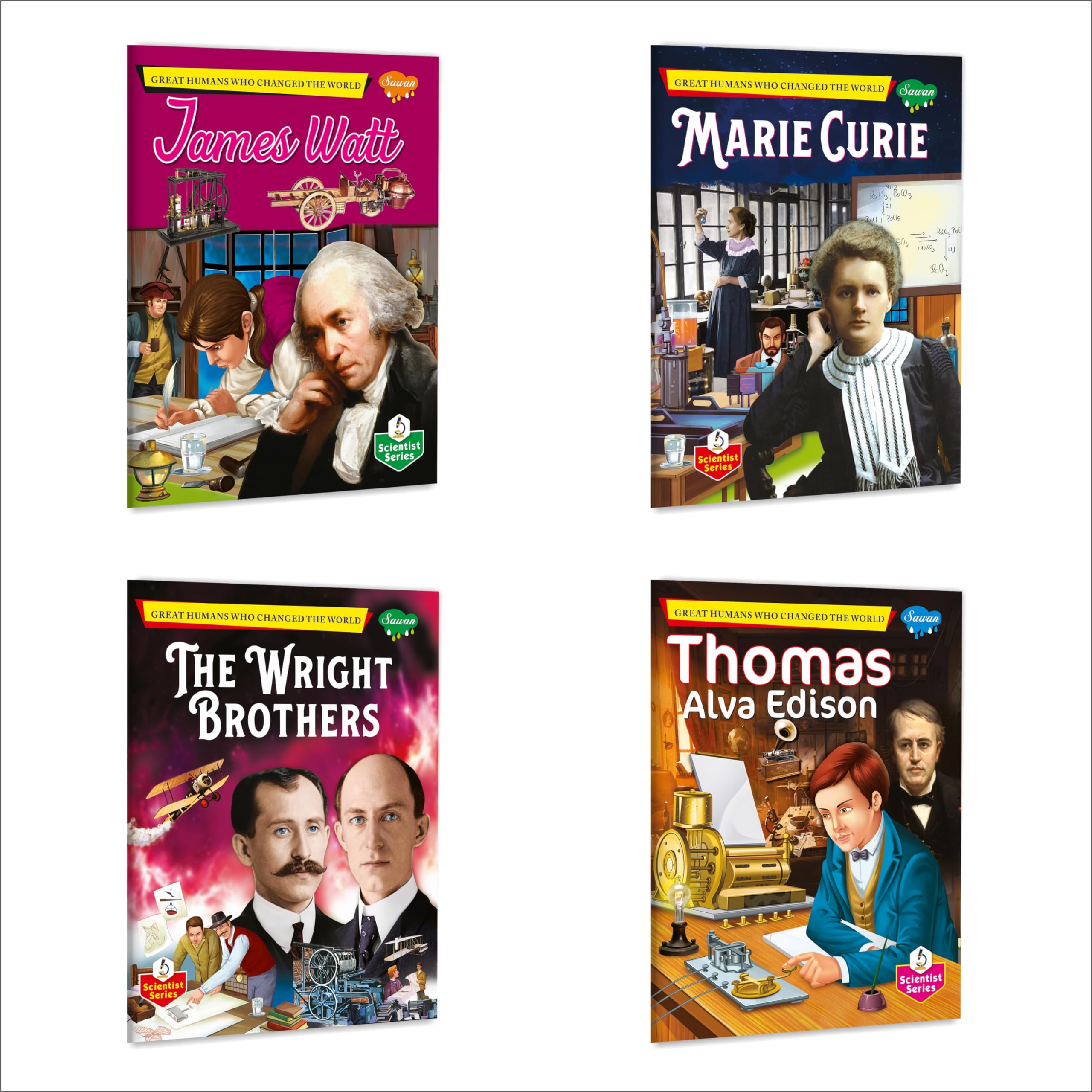 Sawan Set of 4 Books Great Human who Changed the world Series (James Watt, Marie Curie, The Wright Brothers, Thomas Alva Edison)